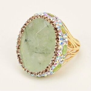 Elegant Gold and Oval Green Prehnite Gemstone Ring